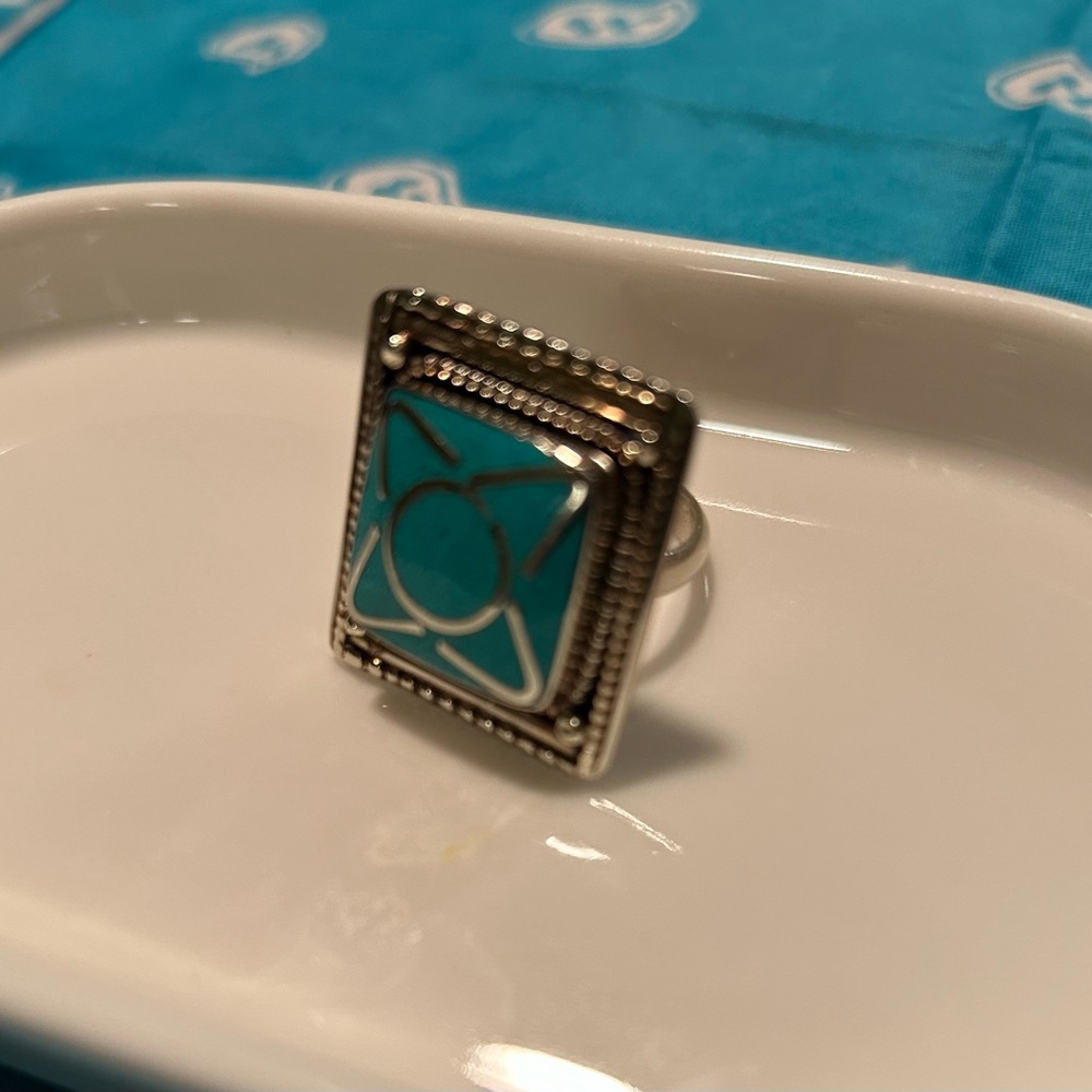 Silver Square Gemstone Turquoise Ring - image 6